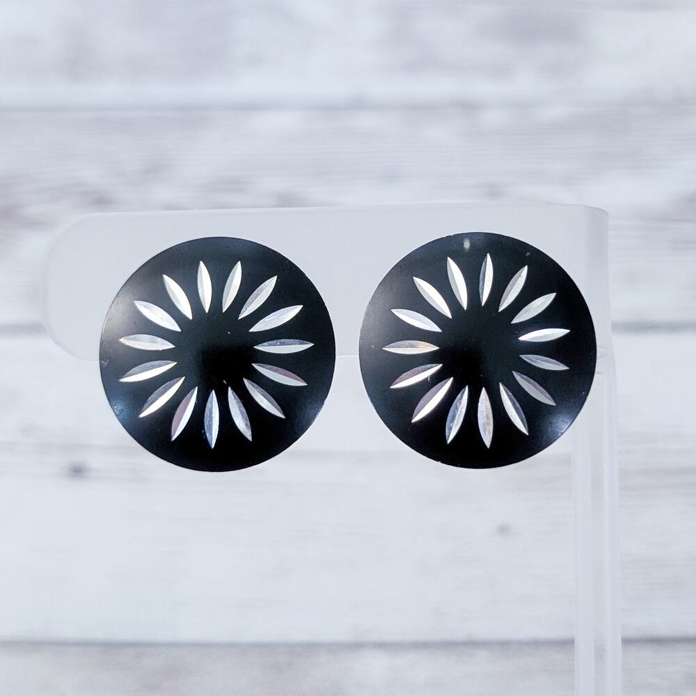Vintage Clip On Earrings Black Circle with Silver Tone Design
